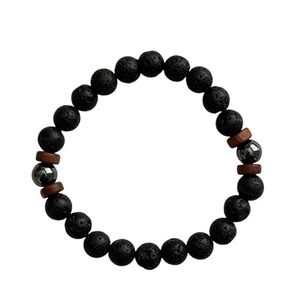Genuine Volcanic Stone, Obsidian and Wood Bracelet